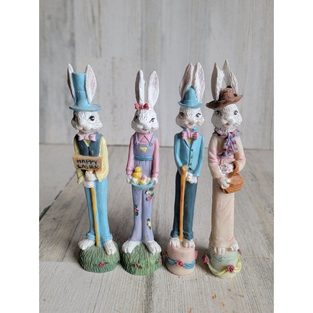 Long mini Easter Bunny farmer figure set rabbit decor